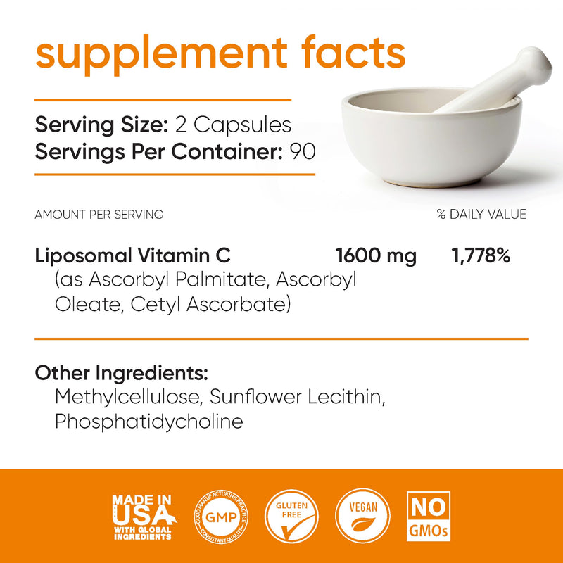 Liposomal Vitamin C 1600mg Capsules with Sunflower Lecithin, 180 Vegan Caps | Gentle on the stomach, non-citrus, soy-free, and third-party tested for purity and potency