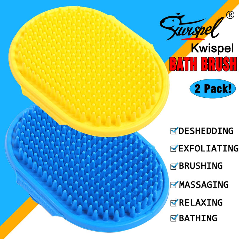 2 Pcs Dog Grooming Brush, Pet Shampoo Brush Dog Bath Grooming Shedding Brush Soothing Massage Rubber Comb with Adjustable Strap for Short Long Haired Dogs and Cats Blue & Yellow - BeesActive Australia