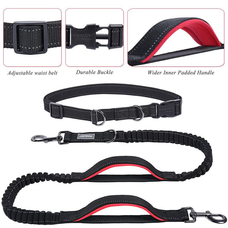VIVAGLORY Hands Free Dog Leash Bungeetwin Running Dog Leash with Waist Belt for Running Walking & Jogging, Bungee & Around Waist for Pet, S, Black/Red Fits waist 25½"~44", Dual Bungee - BeesActive Australia