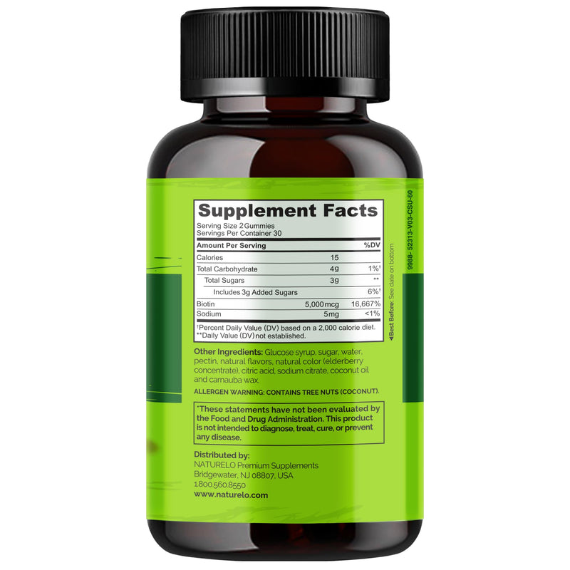 NATURELO Biotin Gummies - Supports Healthy Hair, Skin & Nails - High Potency 2500 mcg - Non GMO, Gluten Free - 60 Gummies 60 Count (Pack of 1)