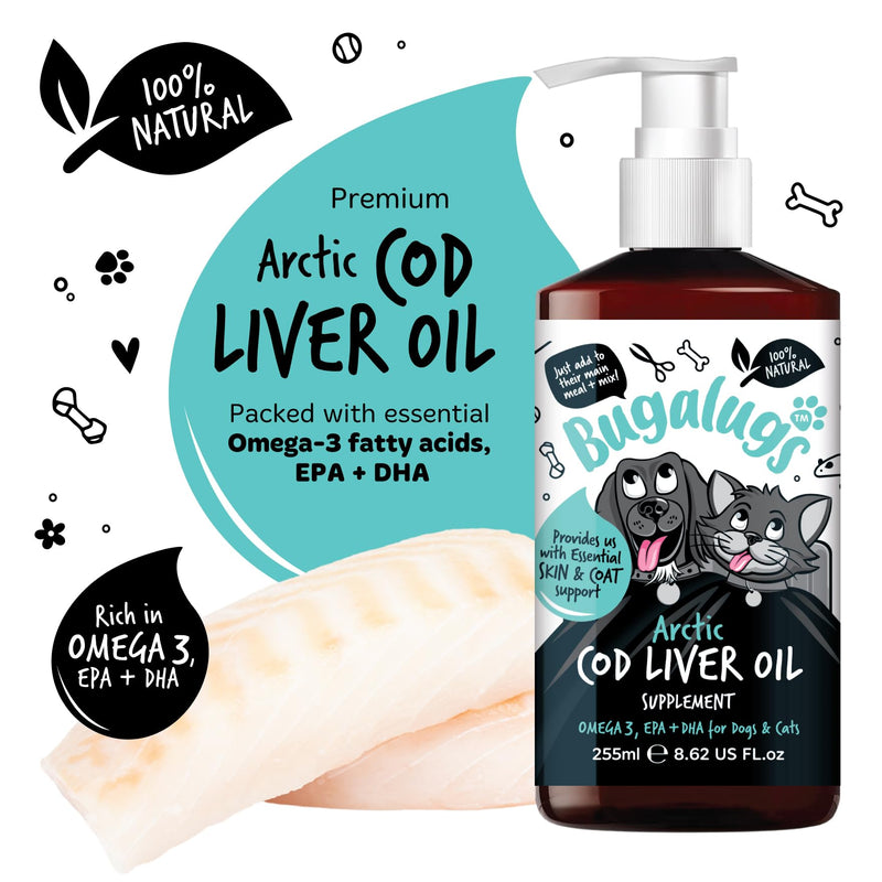 Bugalugs Cod liver Oil for Dogs & Cats, EPA & DHA, Fish Oil for Dogs Skin & Coat dog supplements health supplies for dogs more omega 3 for dogs than salmon oil for dogs uk (255ml, Cod Liver Oil)