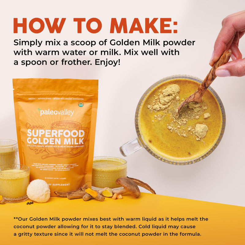 Paleovalley Organic Superfood Golden Milk - Immune, Focus, Cognitive, Longevity - Turmeric, MCT-Rich Coconut Milk, Functional Mushrooms, 28 Servings