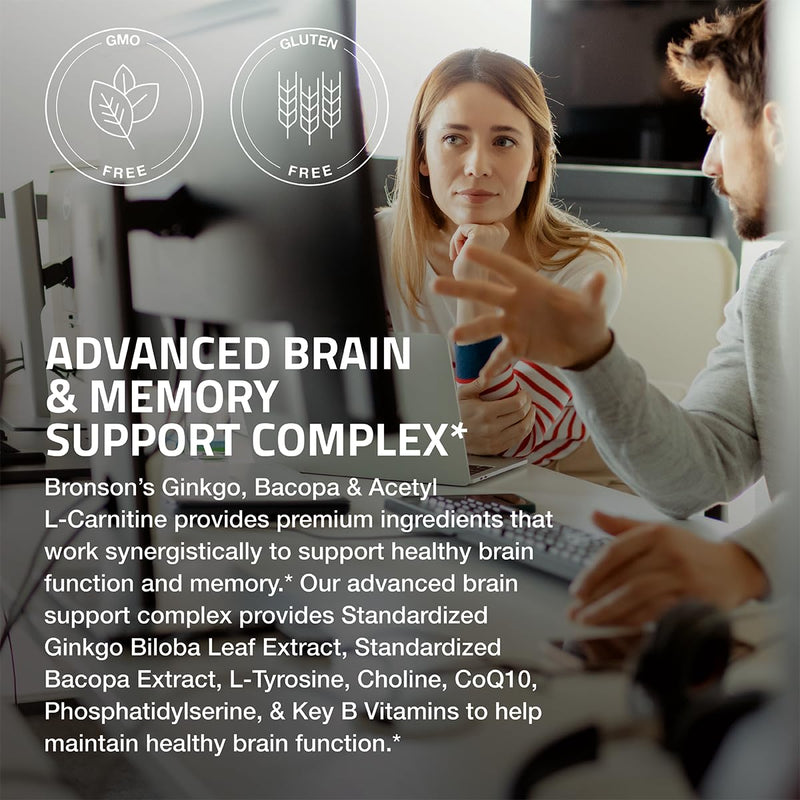 Bronson Ginkgo, Bacopa & Acetyl L-Carnitine Brain & Memory Support Complex with L-Tyrosine, Choline, CoQ10 & Phosphatidylserine Plus Key B Vitamins Non-GMO, 120 Tablets 120 Count (Pack of 1)