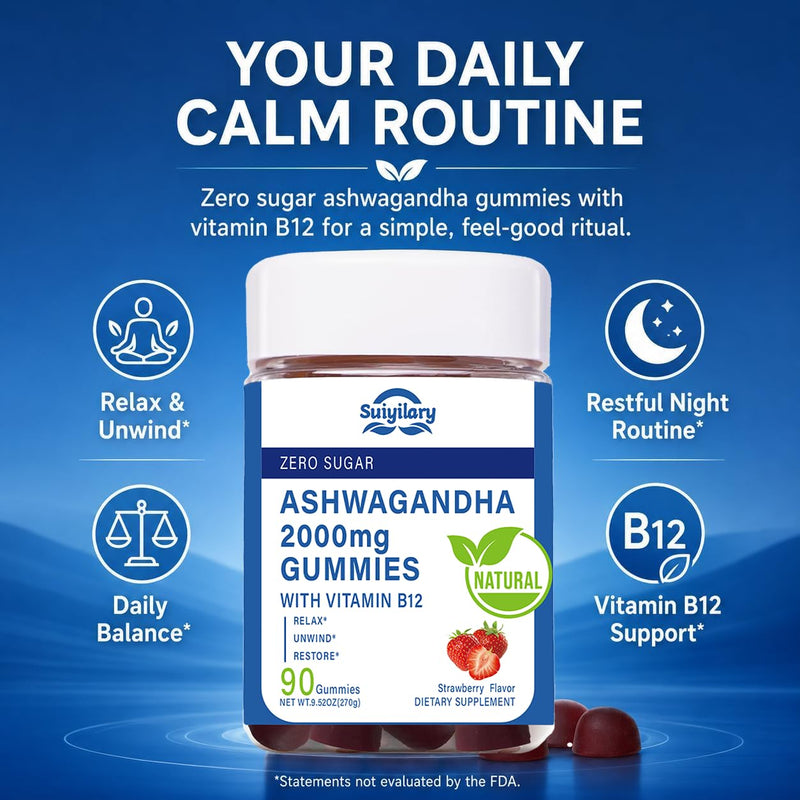 Suiyilary Ashwagandha Gummies 2000mg, Ashwagandha High Strength Root Extract Supplement with Vitamin B12 for Men Women, Strawberry Flavour 45 Days Supply 90 Gummies