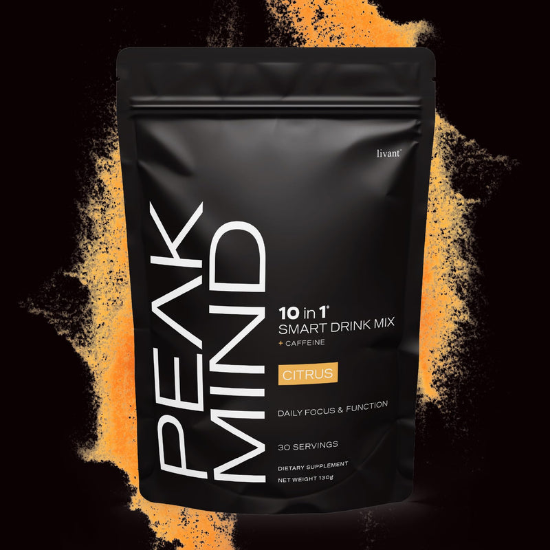 Livant Peak Mind 10-in-1 Nootropic Drink Mix – Focus, Memory & Mental Clarity Support with Cognizin, Lion's Mane & L-Theanine | Low Caffeine (55mg), Sugar-Free, Vegan, 30 Servings, Citrus