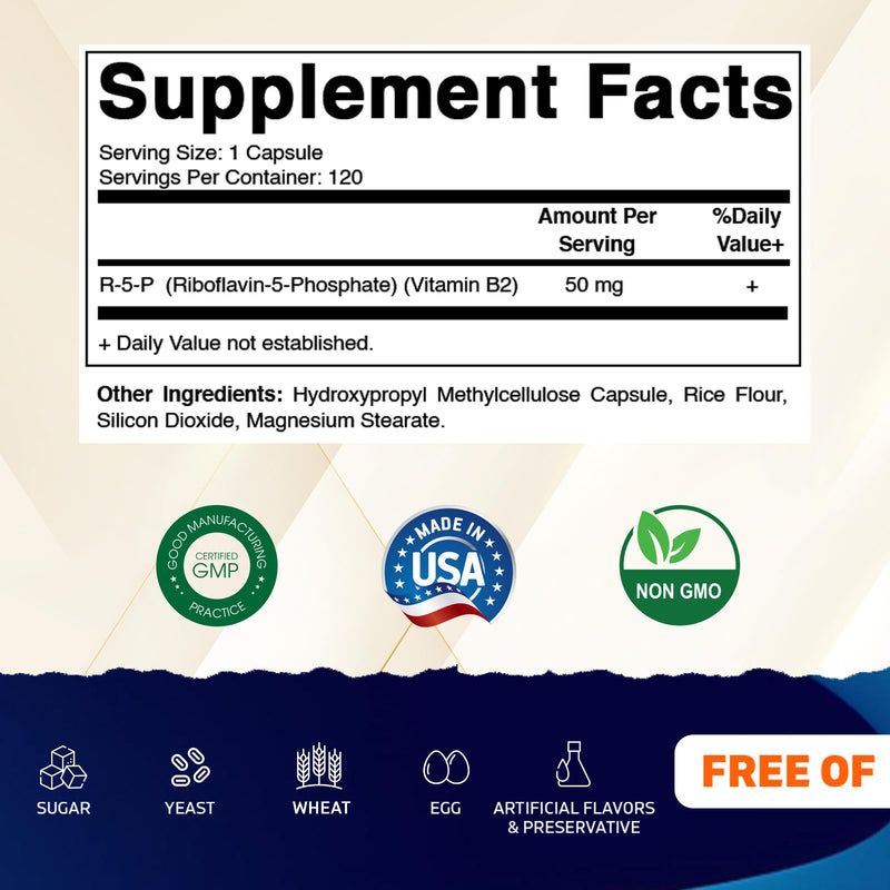 Vitamatic R-5-P Riboflavin-5-Phosphate (Vitamin B2) 50 mg | 120 Capsules | High Potency, Easy-to-Swallow Vegetarian Capsules (Pack of 2) 120 Count (Pack of 2)