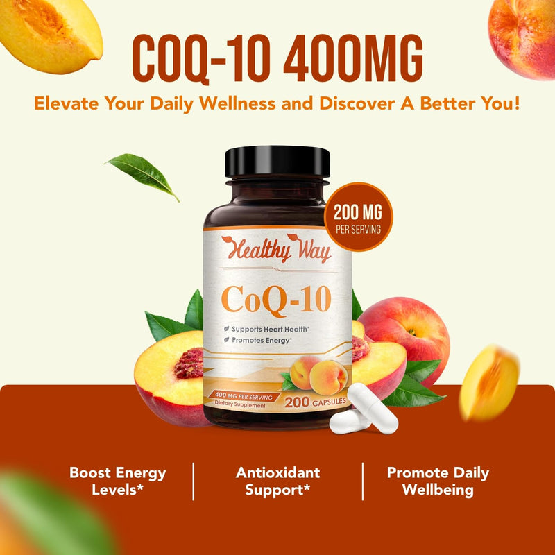 Coenzyme Q10 400mg CoQ10 Supplement - Once Daily Coq 10 400mg Powder Capsules for Healthy Heart Antioxidant and Energy Support - Non-GMO Quick Absorption Ubiquinone Q10 Coenzyme (100 Servings) 200 Count (Pack of 1)