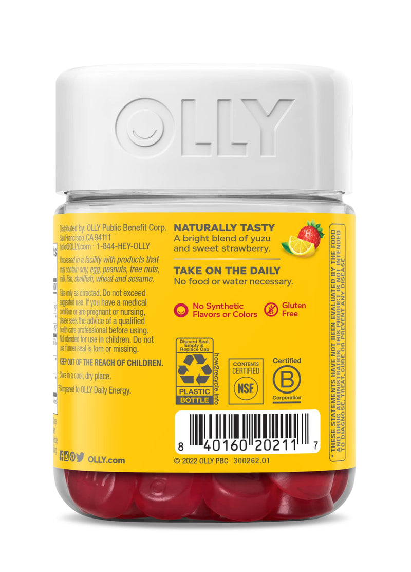 OLLY Extra Strength Daily Energy Gummy,Caffeine Free,1000mcg Vitamin B12,CoQ10,Goji Berry,Adult Chewable Supplement,Berry Yuzu Flavor -,60 Count (Pack of 2) 60 Count (Pack of 2)
