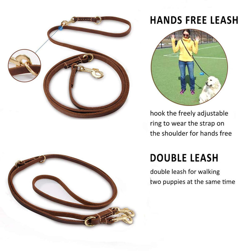 Multi Function 8ft Leather Dog Leash, Genuine Leather Hands Free Leash for Small, Medium and Large Dogs Brown 8ft*1/2inch