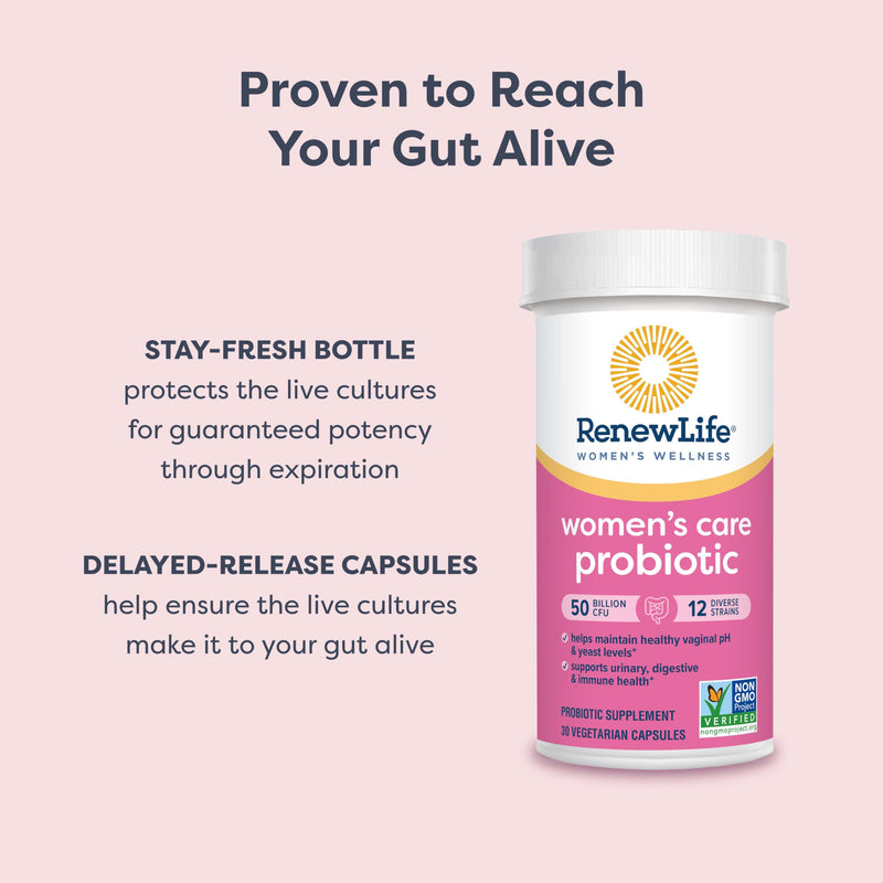Renew Life Women's Care Probiotic 50 Billion CFU | 60 Vegetarian Capsules | Supports Vaginal pH, Urinary, Digestive & Immune Health | Dairy, Soy and Gluten Free 60 Count (Pack of 1) Nutritional Supplement