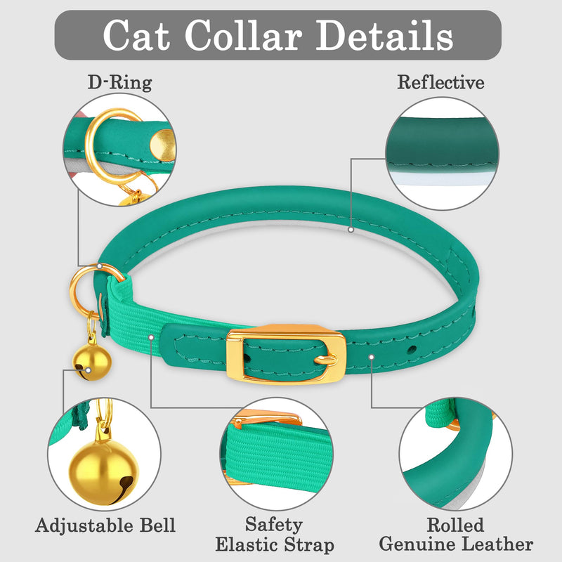 OOPSDOGGY Rolled Leather Cat Collar with Bell - Reflective Kitten Collar with Safety Elastic Strap - Adjustable Small Pet Collars for Boy Girl Cats (Teal) Teal - BeesActive Australia