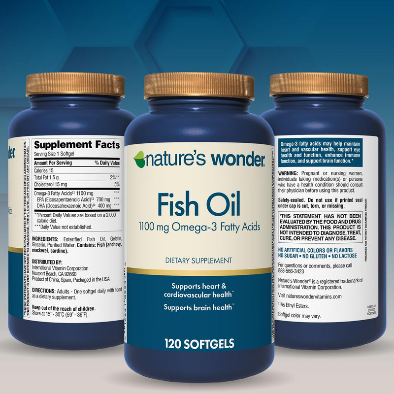 Nature's Wonder Fish Oil 1100mg Omega-3 Fatty Acids EPA & DHA,120 Softgels | Whole Body Support Joint, Heart, Immune, Eye & Brain Health for Women & Men, Rigorously Tested, Gluten-Free, 120 Day Supply 120 Count (Pack of 1)