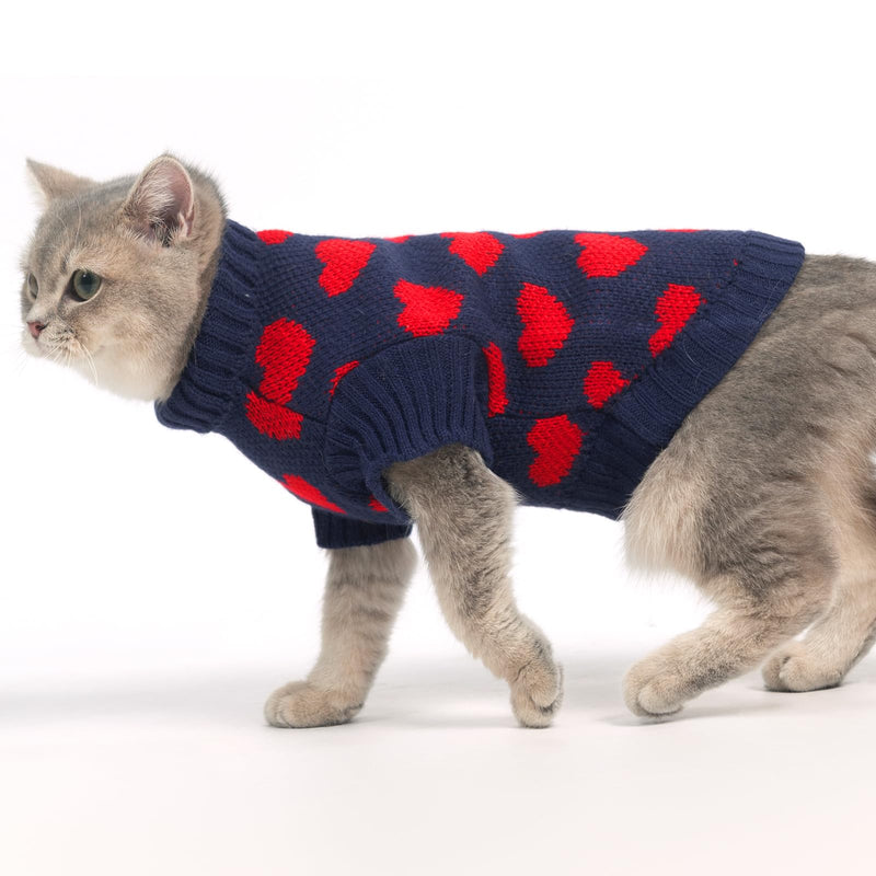 KOOLTAIL Cat Sweater Turtleneck- Soft Knit Cat Sweaters for Cats Only, Cat Christmas Sweater Red Heart Love Pattern Thick Warm Cold Weather Clothes for Small Medium Large Size Kitten Puppy Navy M - BeesActive Australia