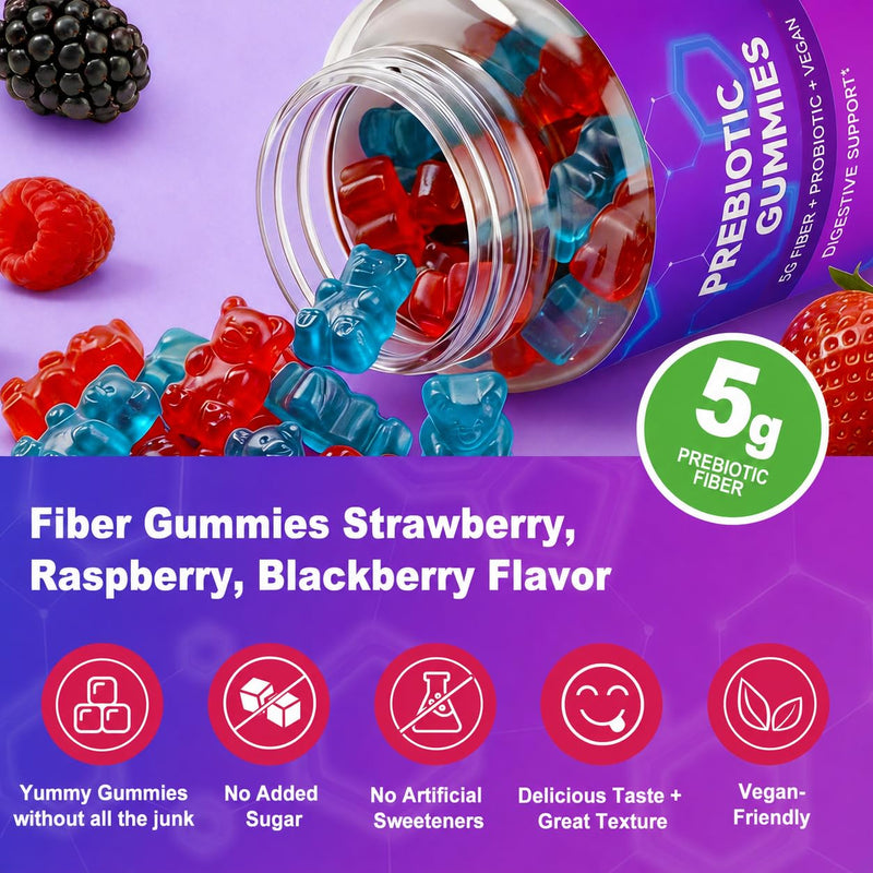 Prebiotic Fiber Gummies, 5g Fiber, Bacillus Coagulans, Mixed Fruit 120Count | 5g Fiber Per Serving With Inulin FOS, Acacia and Apple Pectin, 2 Billion CFU Bacillus Coagulans, Vitamin D3. 60 Count (Pack of 2)