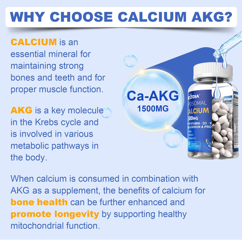 Liposomal Calcium AKG Supplement 1500mg with Vitamin D3 K2, 240 Softgels | Calcium Supplement for Women & Men with Magnesium Glycinate, Boron, Probiotics & Vitamin C for Bone Strength & Energy - 2Pack 120 Count (Pack of 2)
