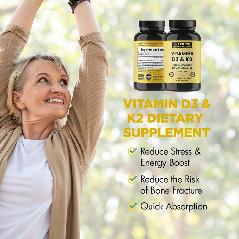 Vitamin D3 and K2 Supplement, 60 Capsules | 5000IU Vitamin D3, 180MCG Vitamin K2, Immune, Heart Health, 2 Month-Supply, Veggie Capsules