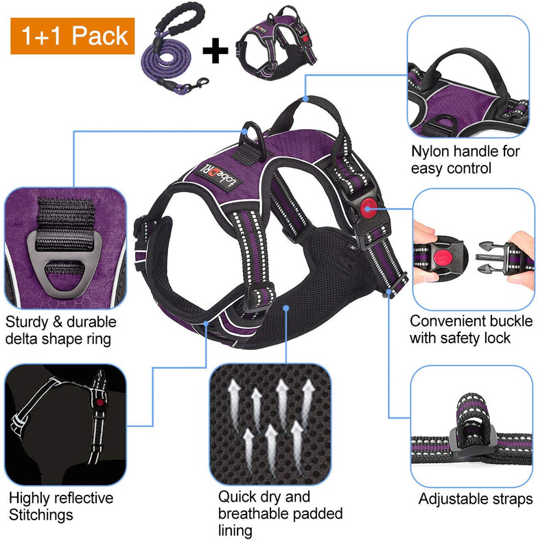 No Pull Dog Harness Adjustable Reflective Oxford Easy Control Medium Large Harness with A Free Heavy Duty 5ft Leash (L (Neck: 18"-25.5", Chest: 24.5"-33"), Purple) Purple Harness+Leash - BeesActive Australia