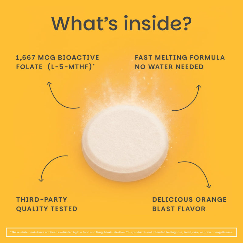 EZ Melts Dissolvable Folate 1,667 mcg DFE - Methylated Folate Supplement - Heart Health & Healthy Fetal Development - Non-GMO, Vegan & Dairy-Free - Orange Blast -60 Dissolvable Tablets (60 Servings) 60 Count (Pack of 1)