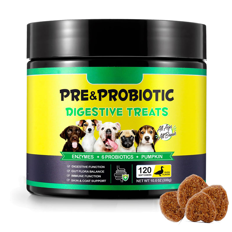 Probiotics for Dogs- Dog Probiotics for Gut Health and Digestion, All Ages and Breeds, 120 Probiotic Chews, Duck Flavor