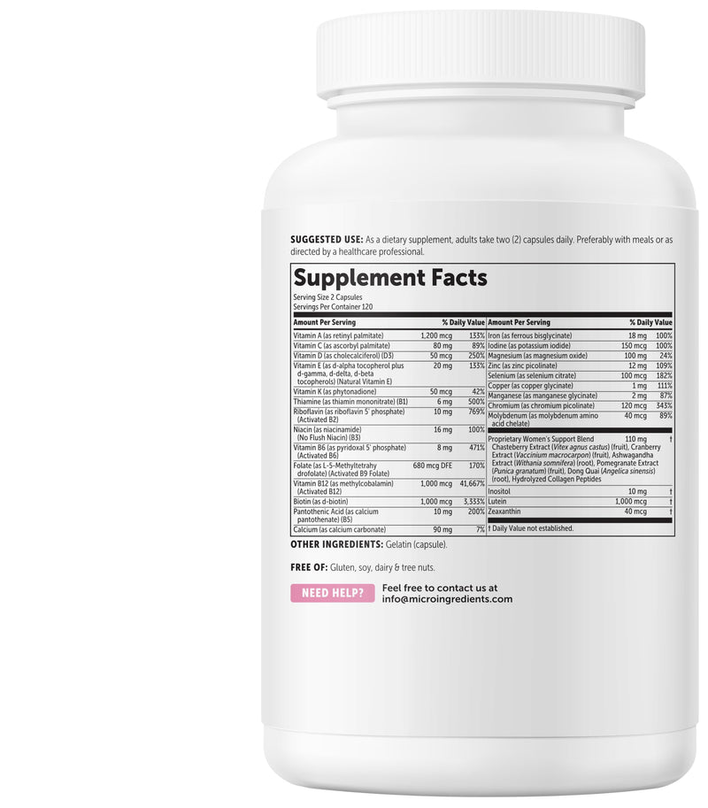 Micro Ingredients Pure Methylated Multivitamin for Women, 240 Capsules | 32-in-1 Formula with Vitamin B, C, D + Iron, Methylfolate & More | Supports Women 's Daily Wellness | Filler Free, Non-GMO