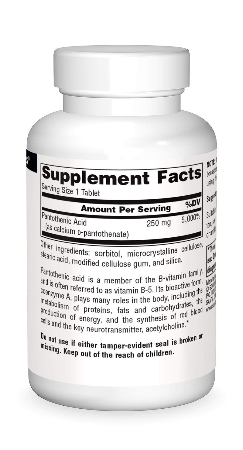 Source Naturals Pantothenic Acid, 250 mg -100 Vegan Tablets | Vitamin B-5 | Non-GMO Validated* 100 Count (Pack of 1)