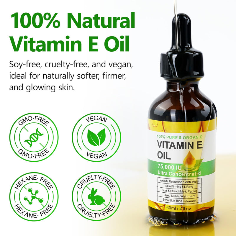 Vitamin E Oil, Vitamin E Oil for Skin, Face, Scars, Body, Moisturizing Dry Skin, 2Oz