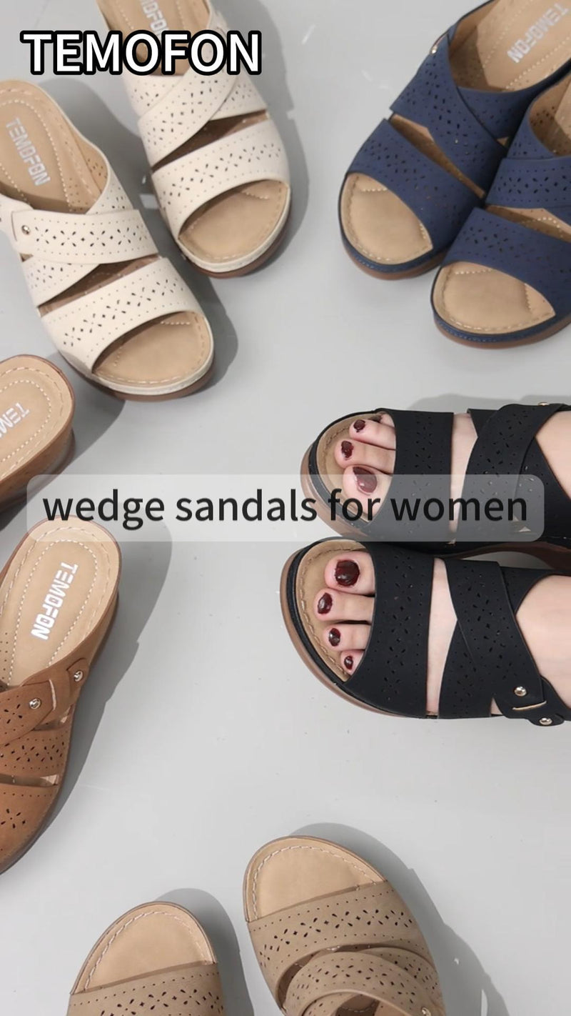 TEMOFON Wedge Sandals Women Summer: Comfortable Platform Slip on Sandals 7.5 17 Black