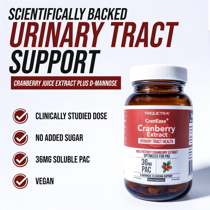 CranEaze®: Cranberry Juice Extract Plus D-Mannose – 36 mg PAC, 100% Soluble PAC - Supports Urinary Tract Health – Most Effective Cranberry Pills for Women, UTI Cranberry Supplement - 60 Capsules 60 Count (Pack of 1) - BeesActive Australia