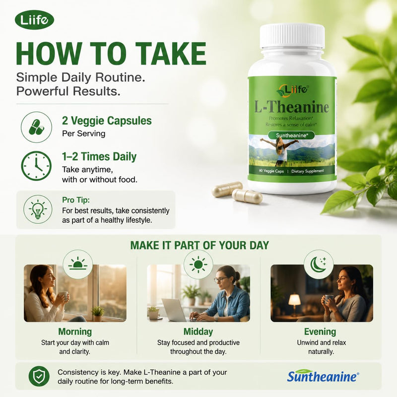 LIIFE L-Theanine (Suntheanine®) with GABA & Magnesium | 60 Veggie Capsules | With black pepper extract, supports healthy stress response, relaxation and focus, aids natural brain alpha-wave production