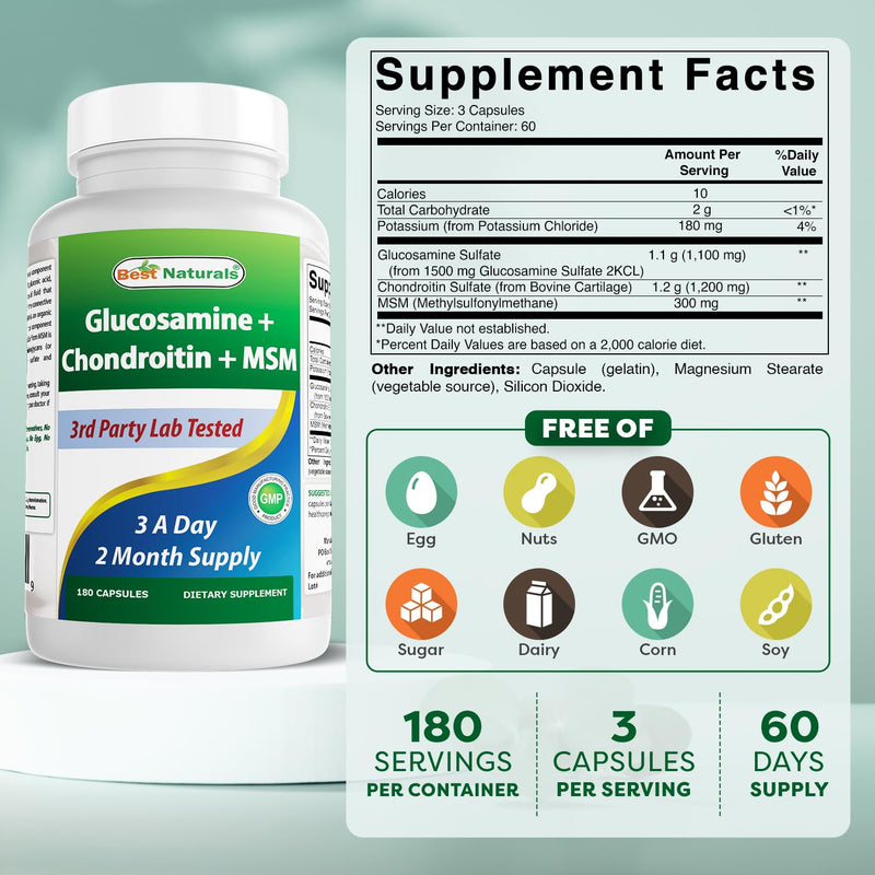 Best Naturals, Glucosamine Chondroitin and MSM Joint Supplements, 2600 mg per Serving, (180 Count (Pack of 3)) 540 Count (Pack of 1)