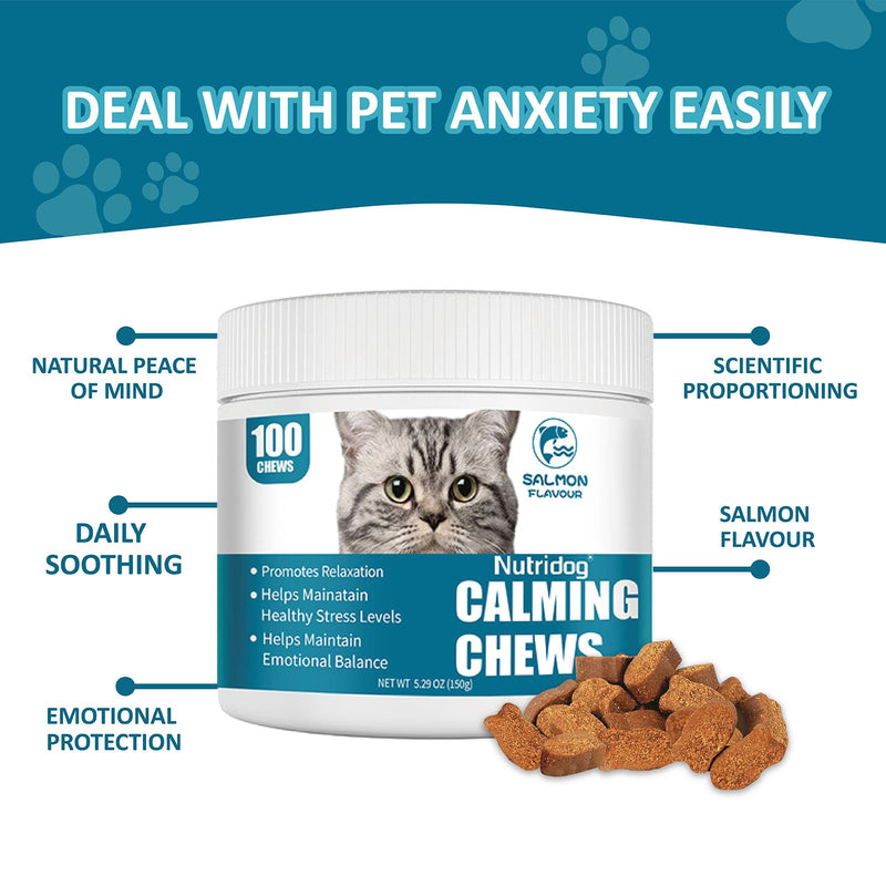 Cat Calming Treats - 100 Count Salmon Chews with Organic Chamomile & Ginger, Stress Relief Supplement for Separation Anxiety, Vet Visits & Thunderstorms (Salmon)