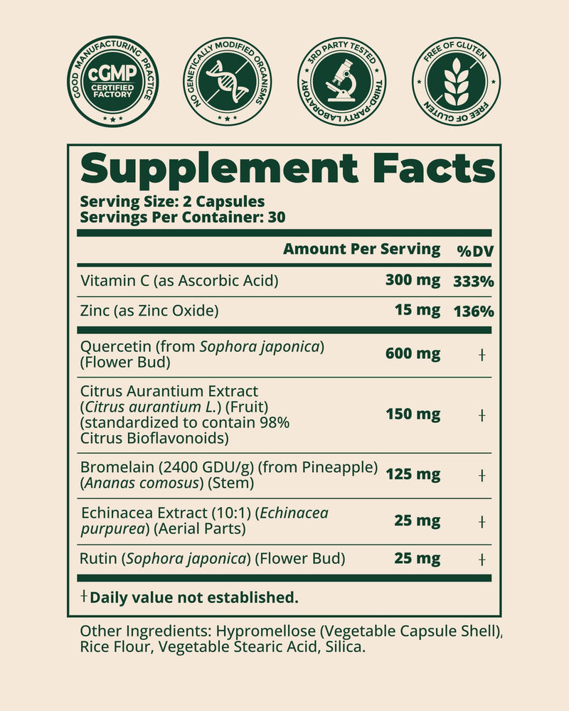 Quercetin 600mg with Bromelain, Immune Support, 60 Capsules | Vitamin C & Zinc, 7-in-1 Blend, Respiratory & Seasonal Wellness, Antioxidant, Non-GMO, Gluten Free, Vegan, 30-Day Supply