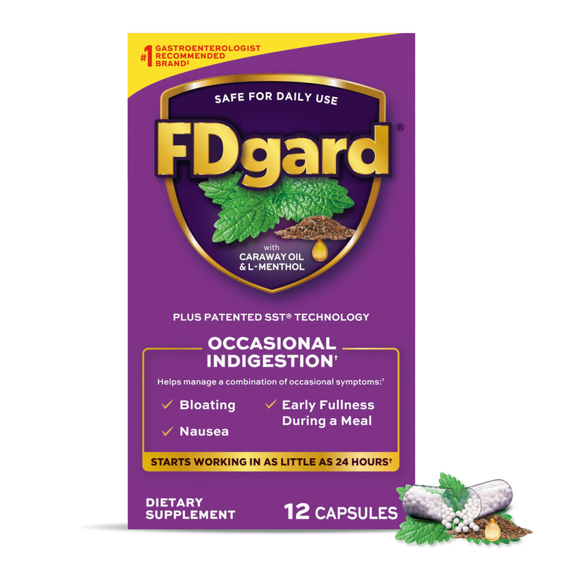 FDgard Gut Health Supplement, Indigestion, Nausea & Bloating, Upset Stomach, 12 Capsules 12 Count (Pack of 1)