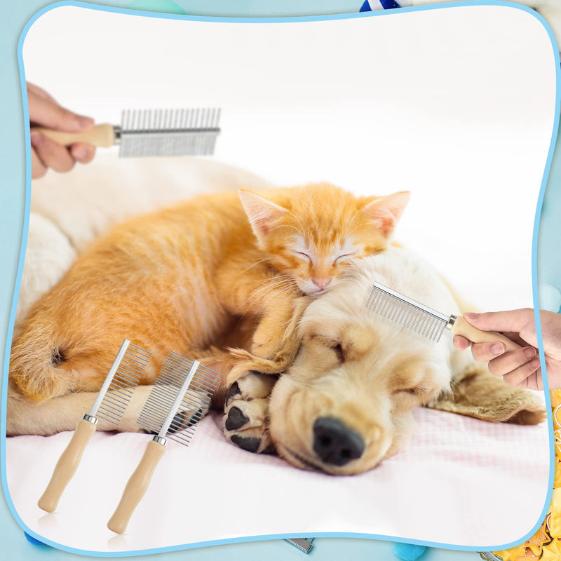 Stainless Steel Pet Grooming Comb Set - 2 Pcs Double-Sided Metal Combs with Wooden Handles for Dogs and Cats, Long and Short Fur, Flea Removal Brush Tool - BeesActive Australia