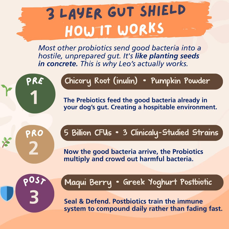 Leo's (120chews) Probiotic for Dogs chews | Natural Dog Probiotic Supplements | Pro Biotics for Gut Health Dog | Pre Pro and Post Biotic dog treats | Gut Health, Anal Glands, Grass-Eating, Itchy Ears