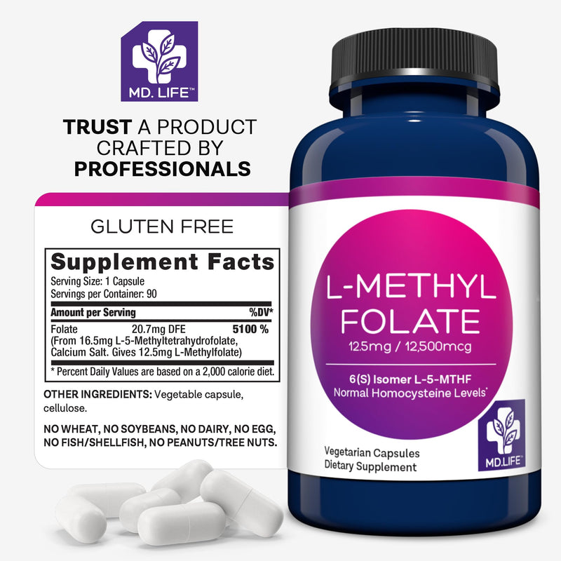 MD Life L Methylfolate 12.5mg - Professional-Grade Active Methylfolate Supplement - Maximum Potency MTHFR Supplements - L methylfolate 12.5mg 90 Capsules - Essential Amino Acids 12.5mg 30 Count