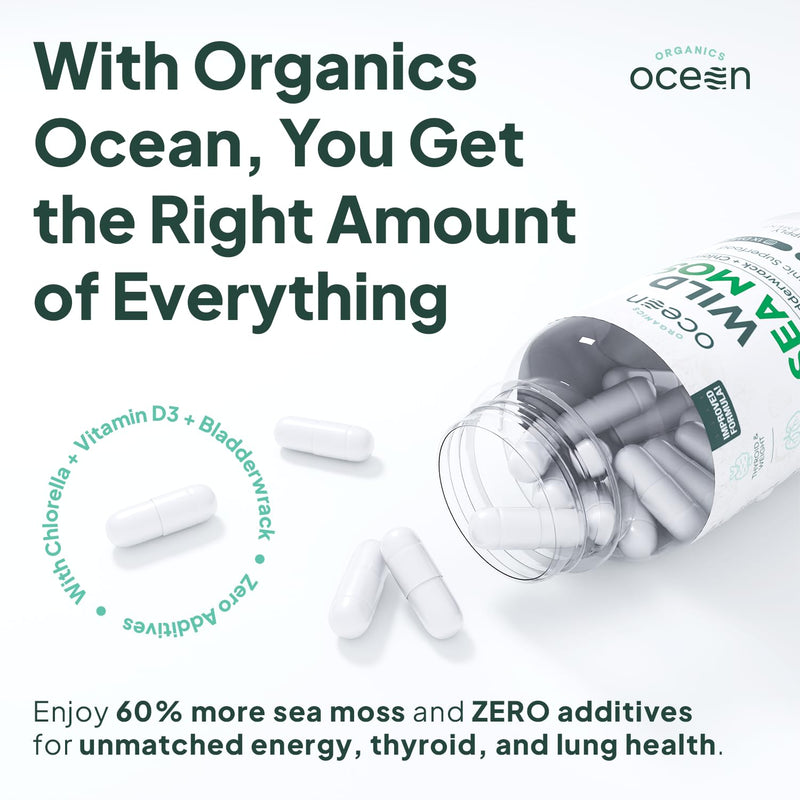 Organics Ocean Wild Sea Moss Capsules - 100% Organic Irish Sea Moss with Organic Chlorella, Bladderwrack and Vitamin D for Energy, Lung Health and Thyroid Support for Women and Men - 60 Capsules 60 Count (Pack of 1)