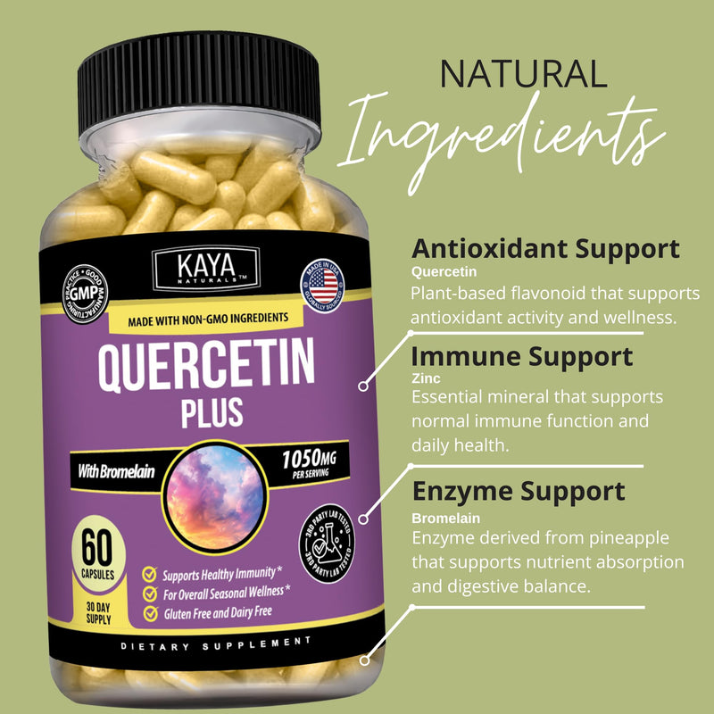 Kaya Naturals Quercetin with Bromelain & Zinc, 1,050 mg, 60 Capsules | Quercetin 800 mg - Bromelain 200 mg - Zinc 50 mg, Seasonal Wellness & Immune Support, Non-GMO, Gluten & Dairy Free