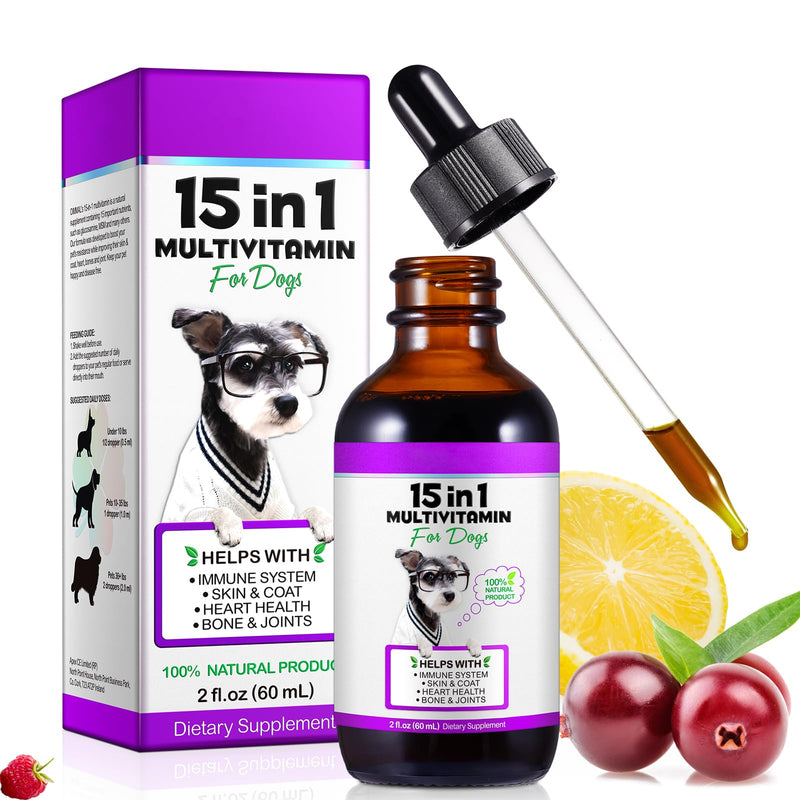 Dog vitamins and supplements, 15 in 1 Dog Multivitamin Drops, 60ml multivitamin for dogs, Helps with Immune System, Skin and Coat, Gut Health and Heart Health Digestion