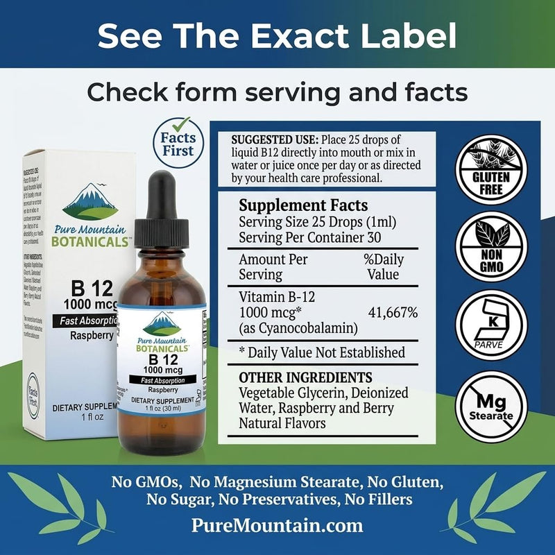 Pure Mountain Botanicals B12 1000 mcg - B12 Complex - Natural Berry Flavor - 30 Servings - Liquid Drops Vitamin - Kosher Supplement 1 Fl Oz (Pack of 1)