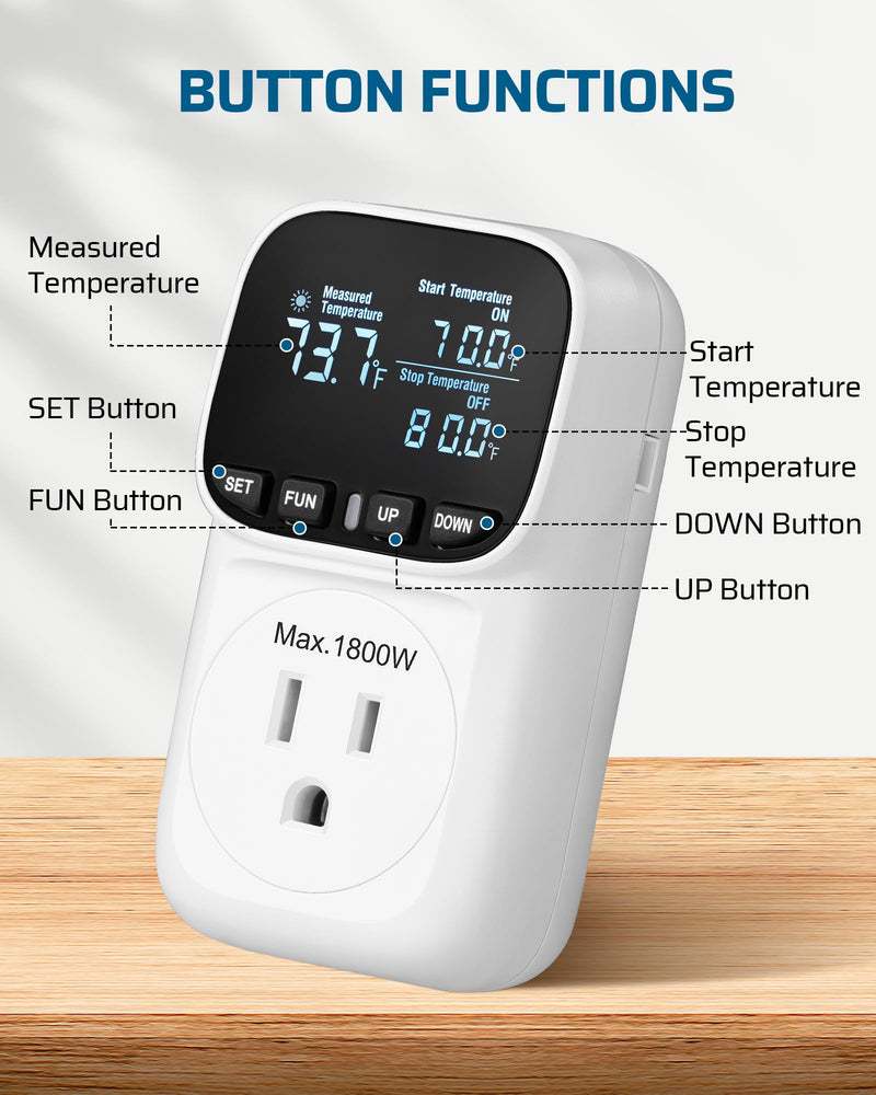 DEWENWILS Digital Temperature Controller, Heavy Duty 15A/1800W Thermostat Outlet Plug, VA Display Heating Cooling Control Timer, -40℉~210℉, Cyclic Timing/Countdown, for Greenhouse Incubator Homebrew White 1 Pack - BeesActive Australia