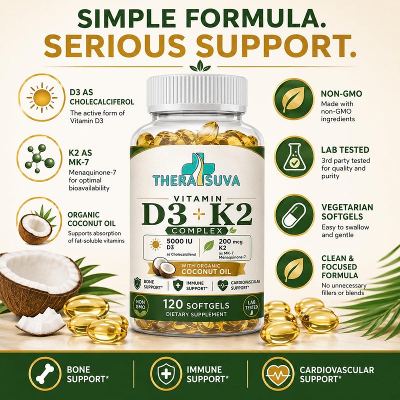 TheraSuva High Potency Vitamin D3 5,000 IU + K2 – Vegan, Non-GMO, with Organic Coconut Oil for Better Absorption – Bone & Heart Support, 2 Month Supply, 120 Softgels