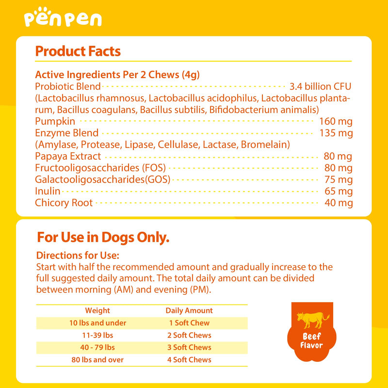 PENPEN Probiotics for Dogs, Dogs Probiotics for Digestive Health, Multi-Probiotic and Enzyme Blend Promote Gut Health & Immune Support, Eases Sensitive Stomachs - Beef Flavor, 180 Soft Chews