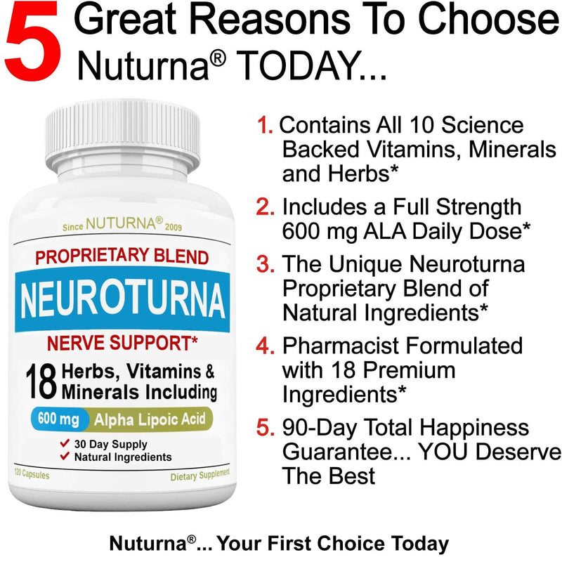 Nuturna Neuroturna Support Supplement with 600 mg Pure Alpha Lipoic Acid - Advanced ALA Formula for Feet Hands Fingers Legs - Ultra Potent 18 in 1 Natural Vitamins - 120 Capsules 120 Count (Pack of 1)