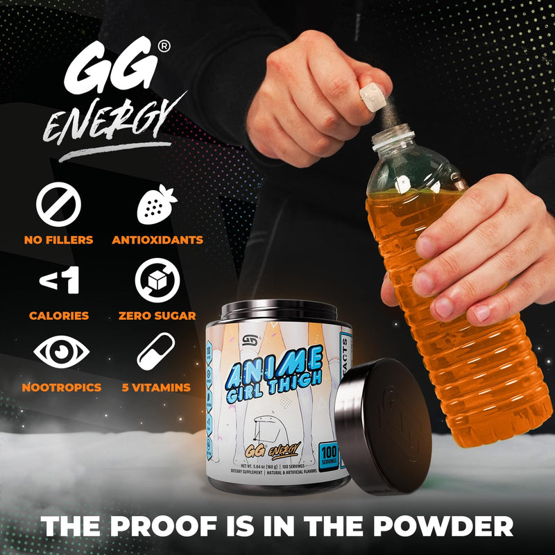 Gamer Supps GG® Energy - Anime Girl Thigh (100 Servings) - Keto Friendly Gaming Energy and Nootropic Blend, Sugar Free + Caffeine + Vitamins + Immune Support, Powder Drink