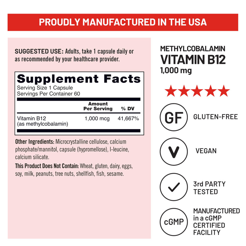 NatureWise Vitamin B12 Methylcobalamin - Active Form for Ultra Absorption - 1000mcg Methylated B12 for Energy, Nerve & Heart Support - Non-GMO, Vegan, USA Manufactured - 60 Capsules[60-Day Supply]