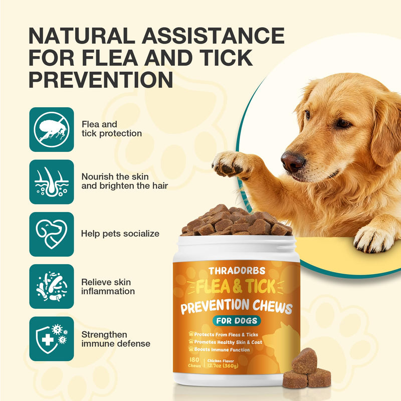 Flea and Tick Prevention for Dogs Chewables - 180 Treats - Natural Dog Flea and Tick Treatment Chewable for All Breeds & Ages,Skin & Coat Support Supplement 180 Chews(Pack of 1)