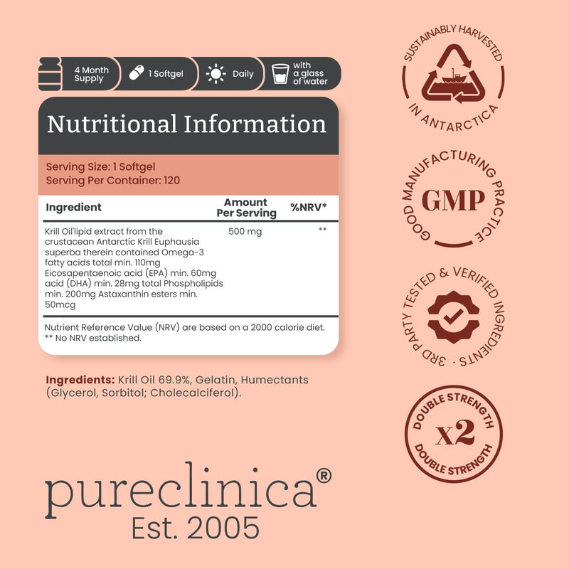 pureclinica Ultra Pure Superba Krill Oil 500mg x 120 Capsules - Sourced in The Unpolluted Waters of Antarctic Providing a Rich Supply of Astaxanthin, Omega 3 and Vitamin D 120 Count (Pack of 1)