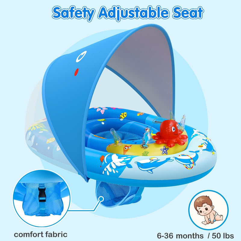 EZIGO Baby Pool Float with Canopy UPF50+ Sun Protection, Inflatable Kids Pool Floats with Ocean Animal Toys for Baby 6-36 Months, Infant Swimming Float with Adjustable Safety Seat for Boys Girls blue - BeesActive Australia