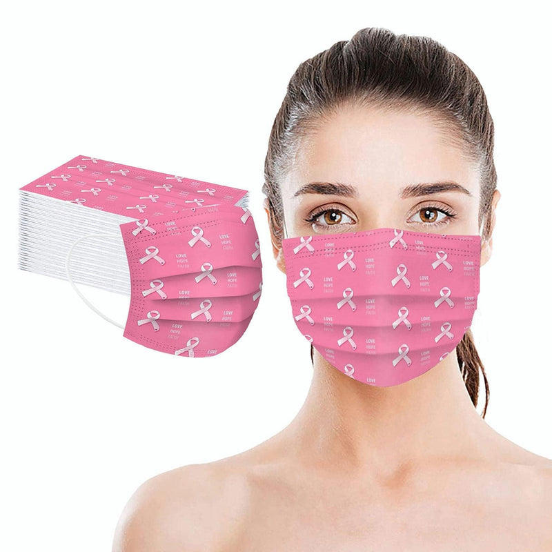 50 Pack Pink Ribbon Disposable Face Mask - Commemorative Breast Cancer Awareness Masks for October Love Your Breast Day Events & Charity Walks